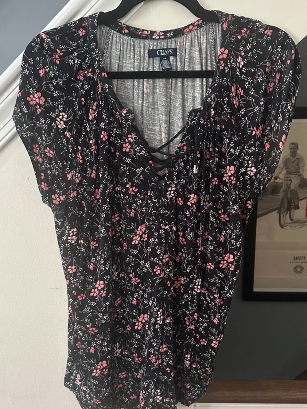 CHAPS Floral Lace‑Up Blouse – Size L
